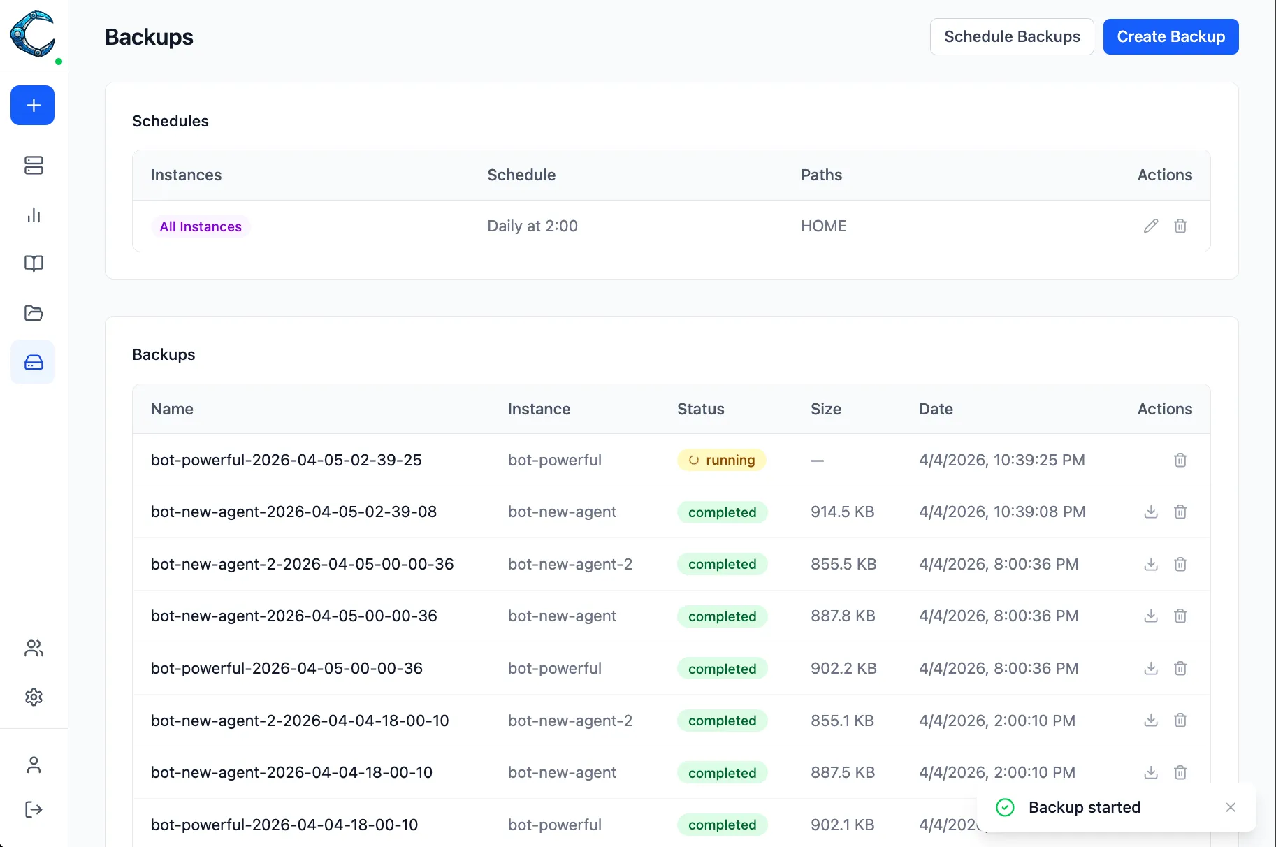 Backups page showing backup list with status, size, and actions