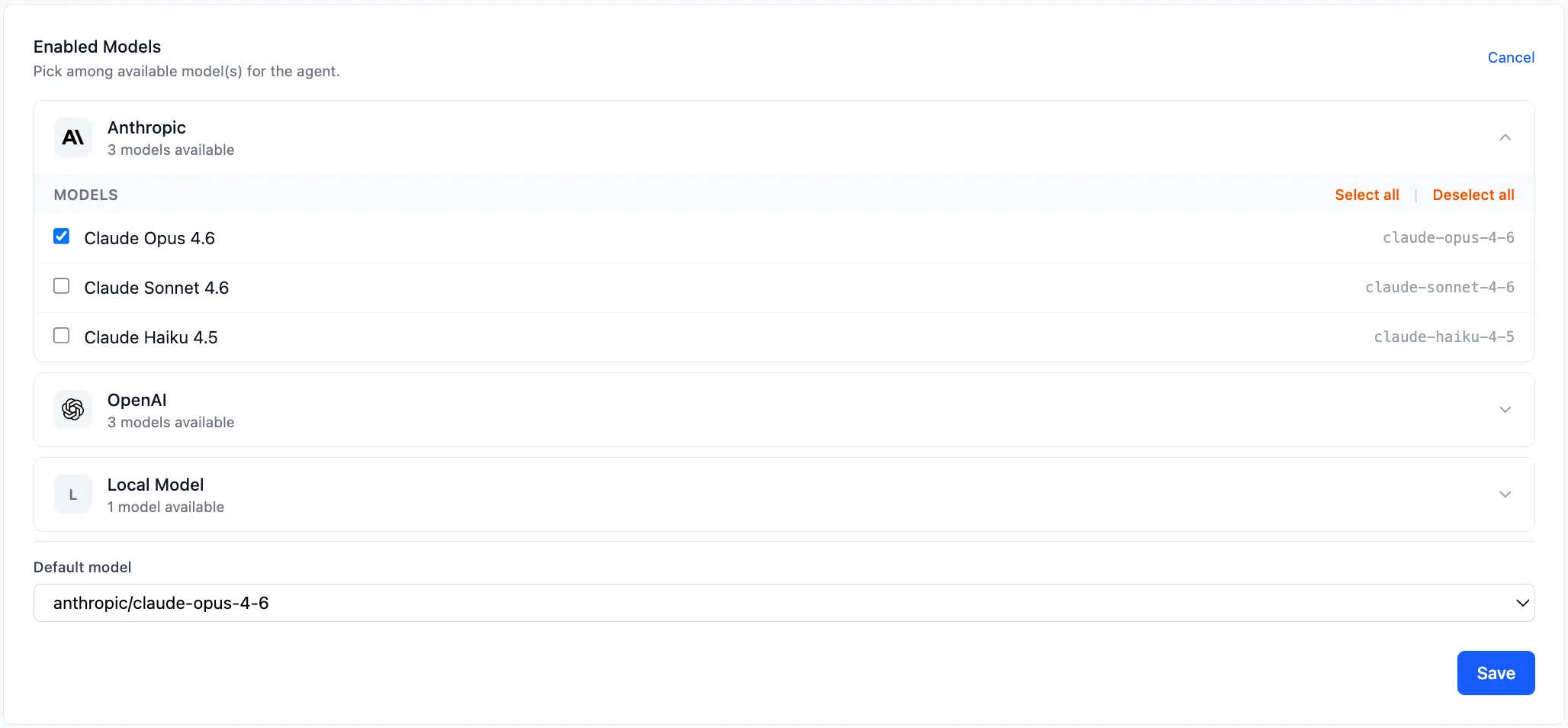 The Enabled Models panel showing providers expanded with individual model checkboxes and a Default model dropdown