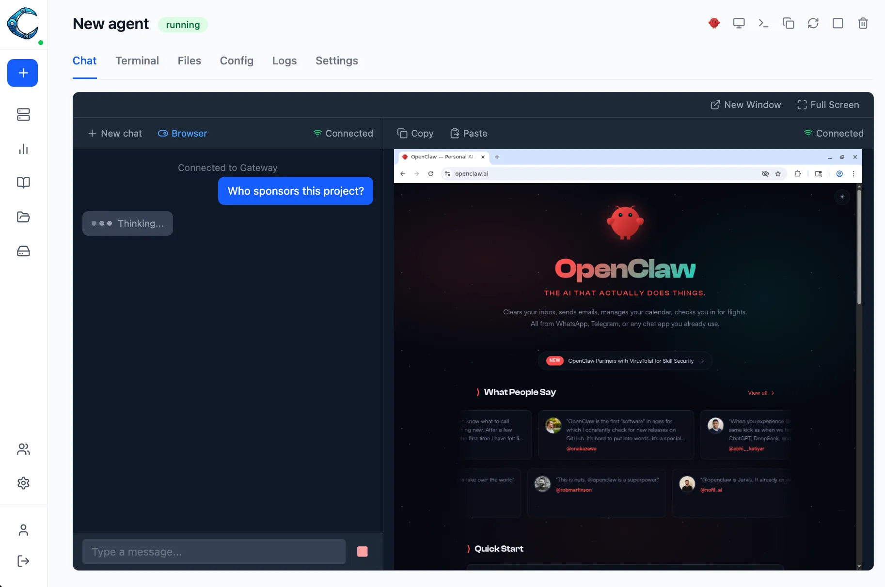 Webchat panel running side by side with the embedded browser inside a Claworc instance